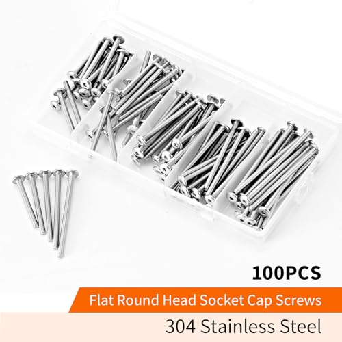 M3 x 30mm 35mm 40mm 45mm 50mm Flat Round Head Hex Socket Cap Screws Bolts, Furniture Screws, 304 Stainless Steel, Metric Fully Threaded, Allen Hex Drive, Bright Finish, Assortment Kit 100PCS - size: M3 x 30/35/40/45/50mm (100PCS)