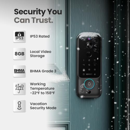Lockin Veno Plus, All-in-One Smart Lock for Front Door | Palm Vein and Fingerprint Keyless Entry, 2K 180° Ultra-Wide Camera, Night Vision, Built-in WiFi, 8GB Storage, No Monthly Fee - size: Single Battery