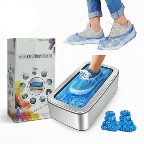 Shoe Covers Dispenser with 100pcs Shoe Cover Disposable Non Slip, Reliable and User-Friendly Shoe Cover Machine, Automatic Shoe Cover Dispenser for Office, Factory & Home - color: Silver