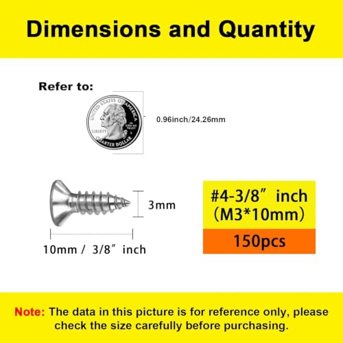 #4 Flat Head Phillips Wood Screws 150Pcs, 304 Stainless Steel, 3/8" - color: Sliver, size: #4 x 3/8''-150pcs