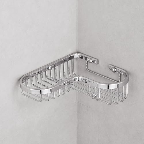 Chrome Shower Caddy Basket, Corner Soap Dish, Solid Brass Wire Basket Shelf for Inside Shower, Wall Mounted Bathroom Soap Holder in Polished Chrome - color: Chrome with Hook