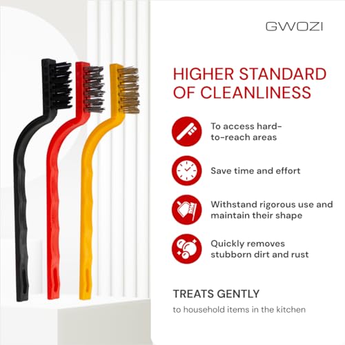 Small Wire Brush 3 Set of 3 Pcs - Wire Brushes for Cleaning Rust, Dirt, Paint - Wire Brushes of Stainless Steel/Nylon/Brass Bristles - Metal Brush for Cleaning Small Parts & Spaces with Curved Handle