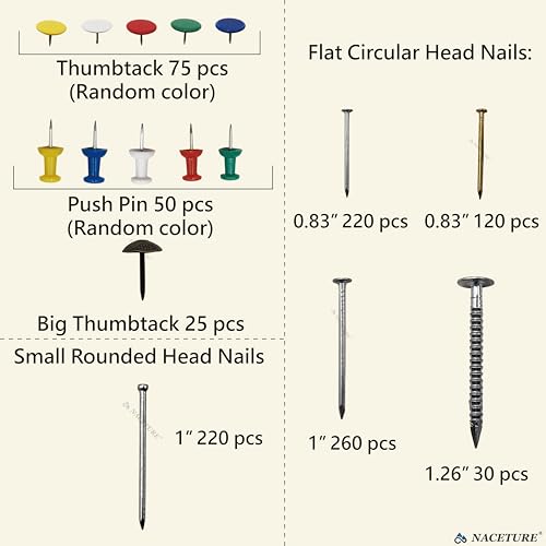 1000 Pcs Wall Nail Assortment Kit - Includes Push Pins for Bulletin Board, Classic Nails, Retro-Style Nails, and Thumb Tacks - Perfect for Wall Hanging, Art Display, and Home DIY Projects - style: 1000 Pcs Wall Nail Assortment Kit