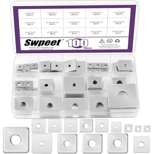 Swpeet 100Pcs 15 Sizes M3 M4 M5 M6 M8 M10 M14 304 Stainless Steel Silver Squares Washer with Round Hole Assortment Kit, Square Plate Washers Rectangular Pad Spacer Gasket Washer for Hardware Fastener