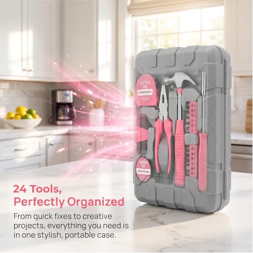 24Pcs Pink Women Portable Hand Tool Kit for Home DIY Repair
