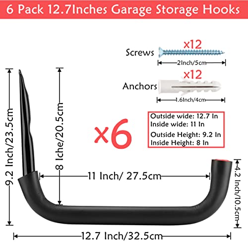 6 Pack Heavy Duty Garage Storage Hooks, 12.7 Inch Wall Mounted Utility Hanger & Organizer to Hanging Ladder, Canoe Paddleboard, Surfboard, Skiboard, Hose, Folding Chairs, Bike and Garden Tools - size: 12.7in-6 Pack
