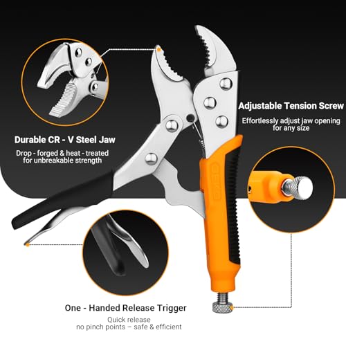 DEKOPRO 5-Piece Locking Pliers Set,Vice Grips Pliers Set with Cr-V,5"/7"/10" Curved Jaw Plier, 6.5"/9.5" Long Nose Plier