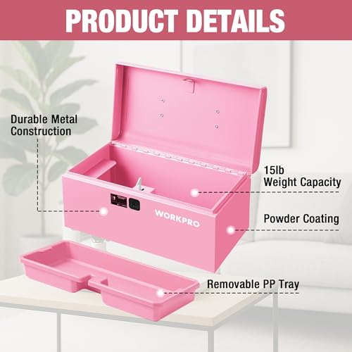 WORKPRO 10.8" Mini Metal Tool Box with Removable Tray - color: Pink