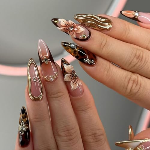 Floral Brown Gold Press On Nails Medium Long Almond, Tortoise Flower Pearl Charms Design Salon Quality Reusable Acrylic Stick On Fake Nails For Women Daily & Party Wear False Nails - color: LF-3647, size: 24 Pieces (Pack of 1)
