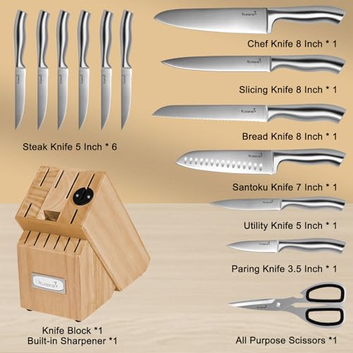 Kuisine Premium Sharp Knife Set Carbon Steel Forged,Ergonomic Handle Knife Block Set,Kitchen Block Knife Set,Chef Knife Set Built-in Sharpener(Silver Pro, 15PCS) - color: ET White