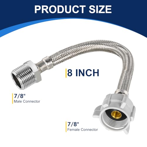 8 Inch Flexible Toilet Connector Extension, 7/8 female x 7/8 male Hose Adapter, Stainless Steel Braided Hose to Toilet Tank Compatible,1 pcs