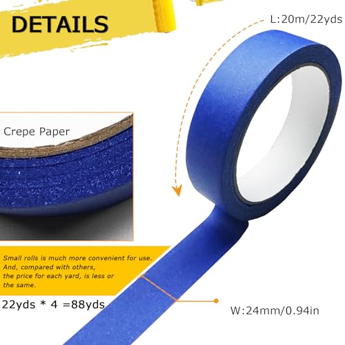 4 Rolls Premium Painters Tape, Blue Tape, Masking Tape, Paint Tape for Multi-Purpose, Painting, Painter's, DIY Crafts Arts (88yd =0.94IN*22yd*4) Decoration Labeling No Residue, Easy Removal - size: 4 Rolls, 0.94IN X 22YD