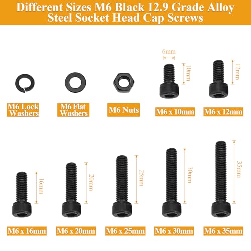155 Pieces M6 Screws Nuts Washers Set Black, Sutemribor M6 x 8/10/12/16/20/25/30mm Hex Socket Head Cap Screws Nuts Washers Assortment Kit, 12.9 Grade Alloy Steel, Fully Threaded - size: M6 Screws Kit, style: Socket Head