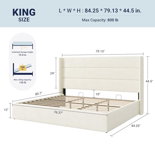 Allewie King Size Chenille Lift Up Hydraulic Storage Bed Frame Cream White - color: Cream White, size: King, style: Modern