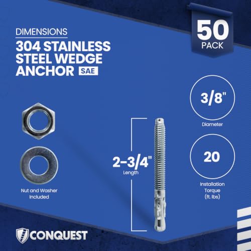 Conquest 304 Stainless Steel Wedge Anchors for Concrete 3/8” x 2-3/4” - size: 3/8" x 2-3/4"