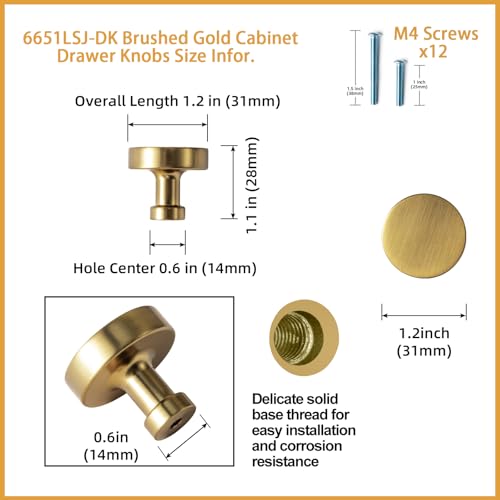 Goo-Ki 6 Pack Brushed Gold Cabinet Knobs Kitchen Drawer Knob Zinc Alloy Solid Hardware - Modern Single Hole/Screw Bar Cabinet Pulls Handles for Dresser Bathroom - color: Brushed Gold, size: 1.2 Inches