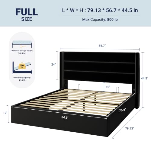 Allewie Full Size Lift Up Hydraulic Storage Bed Frame Black - color: Black, size: Full, style: Modern