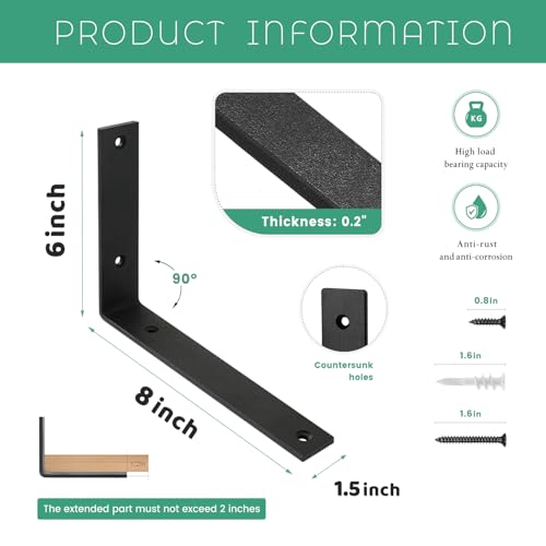 Shelf Brackets 8 Inch Wall L Brackets 8PCS Heavy Duty for Shelves Metal Black Rustic Industrial Brackets for DIY Opening Shelves Project Hardware Included - size: 8 Inch, style: Black-8 Pack