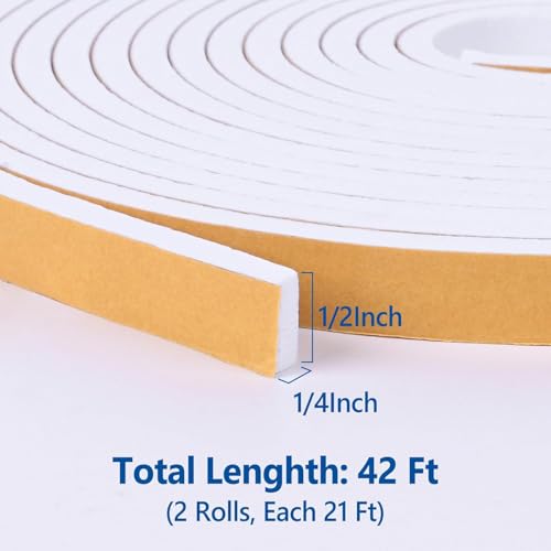 Self Adhesive Foam Tape Weatherstrip 1/2in x 1/4in x 42Ft High Density Foam Insulation Strips Foam Seal Weather Stripping with Strong Adhesive for Door and Window Sound Isolation Soundproofing, White - size: 1/2in x 1/4in x 42Ft