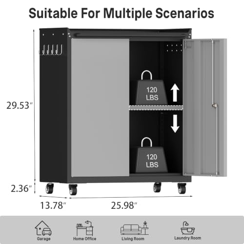 Metal Garage Storage Cabinet with Wheels, Lockable Rolling Tool Cabinet - color: Blackgrey, size: 26" W × 14" D × 31.88" H
