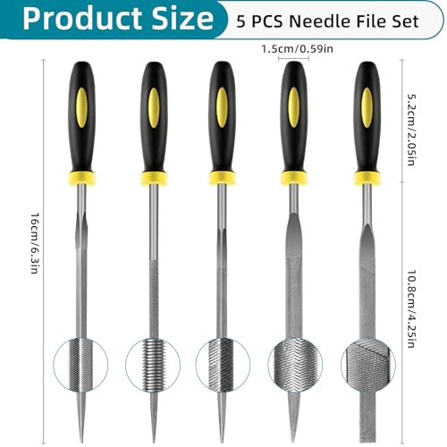 5 pcs Metal Needle File Set,Premium Small File Set, Hardened Alloy Strength Steel File Tools Includes Round, Half-Round, Flat, Square, Triangular File for Detail and Precise Work,by XEKIGU