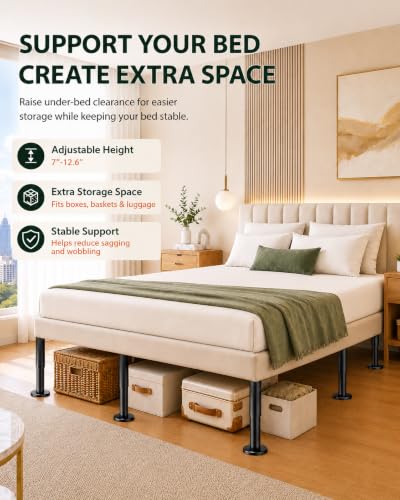 6 Pcs Adjustable Height Bed Support Legs, 7-12.6 Inch Metal Under Bed Frame Support Legs, Extra Sturdy Bed Legs Replacement Parts with Rubber Non-Slip Base for King Queen Frame Wooden Center Slat - size: 7'' - 12.6'' 6pcs