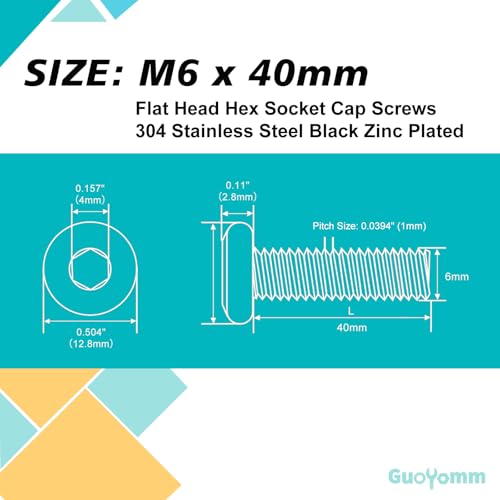 M6 x 40mm 20Pcs Flat Head Hex Socket Cap Screws, 304 Stainless Steel 18-8, Black Zinc Plated, Connection Furniture Bolts, Full Thread - size: M6 x 40mm(20PCS)