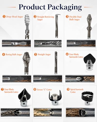 10PCS K-400 Drain Snake Drill Attachment Kit - 5/8 Inch Auger Cutter Heads & Spiral Tips Set for K-400 C-4/C-6/C-7/C-8/C-9, Drain Cleaning Cable Accessories for Plumbers & DIYers
