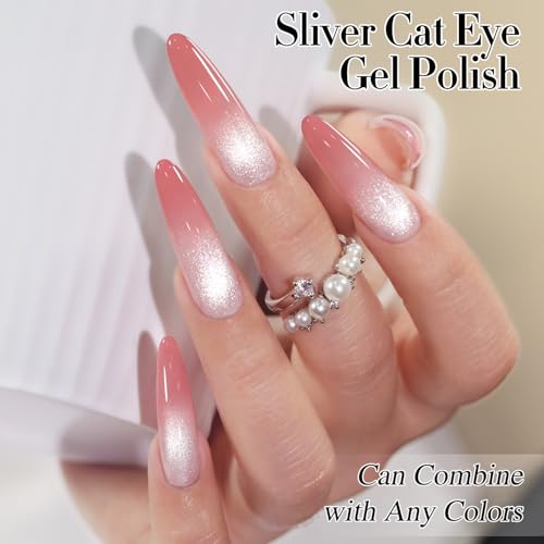 Double Rhythm Jelly Glass Cat Eye Gel Polish with Magnet 15ML Holographic Glitter Shimmer Translucent Sheer Color Magnetic Nail Polish Salon DIY at Home (Milky White Silver-MC1302) - color: Bright Silver