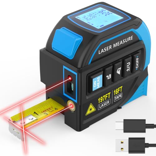 TEPU Laser Tape Measure 4-in-1, 197FT Laser Distance Meter with 16FT Tape - color: Blue-black