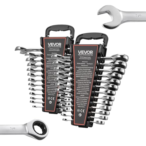 VEVOR Combination Wrench Set, 26-Piece SAE and Metric, 72 Teeth, Cr-V Steel Ratcheting Wrench Set, with Rack Organizer, Open End, Clear Size Labels, for General Household, Automotive Repairs, Silver - size: 26PCS (Metric&SAE), style: Regular