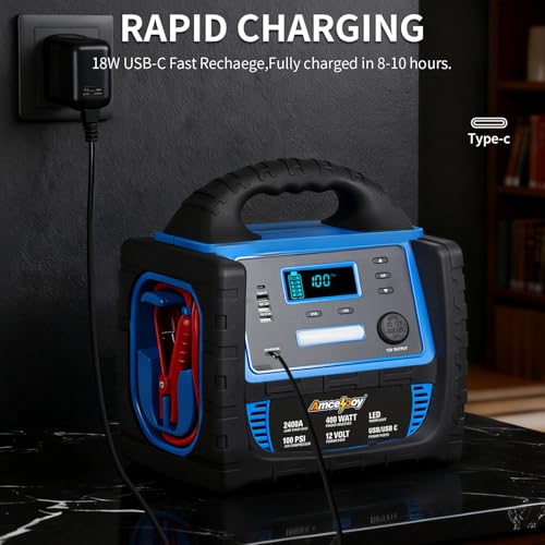 2400A Car Battery Jump Starter and Portable Power Station – Starts 8.0L Gas & 8.0L Diesel – 6-in-1 Jump Starter with Air Compressor 100 PSI Tire Inflator – 400 Watt Inverter AC/DC/USB Outlets - color: Blue