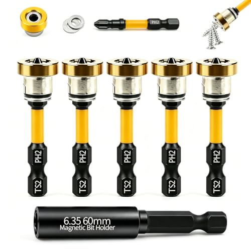 6pcs Drywall Screw Setter Set, 1/4" Hex Adjustable Depth Positioning Bits with Magnetic Bit Holder Extension Bar, Magnetic Positioning Screwdriver Bits, for Sheetrock and Plasterboard Screws (Yellow) - color: Yellow