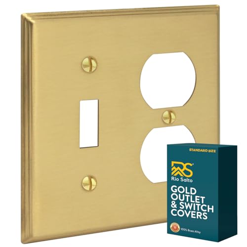 Rio Salto BRASS Light Switch Cover Toggle Duplex Combination Wall Plate Flip Switch Receptacle Brushed Brass Gold Metal Outlet Covers Decorative — Deco Collection, Standard 4.56" x 4.50" - color: Combo Toggle / Duplex (1-Pack)