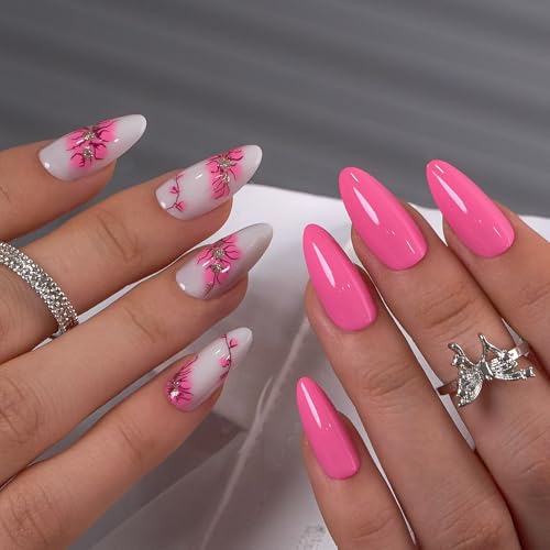 CurvLife Long Almond Floral Press On Nails, Petal Muse Hot Pink, Soft Gel - color: Petal Muse