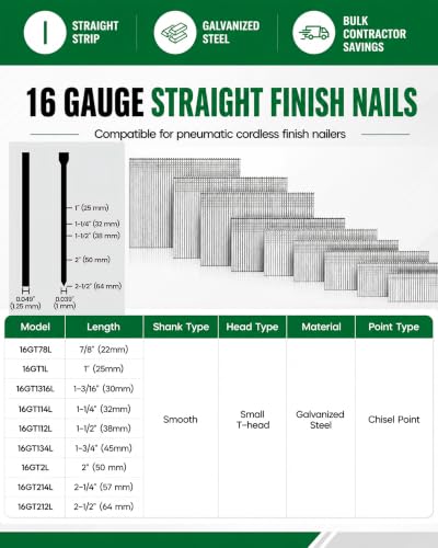 meite 16 Gauge Finish Nails 1 Inch Galvanized Straight T-Nails 2,500 PCS - size: 1" Length