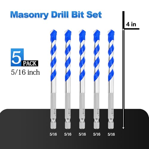 5 Pack 5/16 inch Masonry Drill Bit Set for Concrete, Hex Shank, 4" Length - size: 5/16 inch（ 5 Pack ）, style: Hex Shank