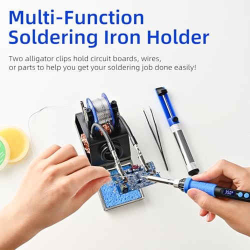 Soldering Iron Kit, 100W High Power LCD Soldering Iron, 2 Helping Hands Soldering, Flux, Iron Tips, Tin Wires, Solder Sucker, Tweezers. °C/℉ Conversion, Auto Sleep，Temperature Calibration - color: Blue (11-in-1 Soldering Iron Kit)