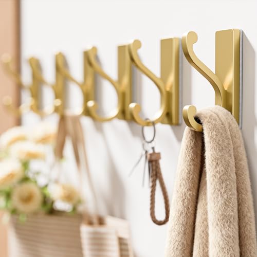 6 Pack Self Adhesive Coat Hooks - Gold Wall Hooks Wall Mount. - color: Gold