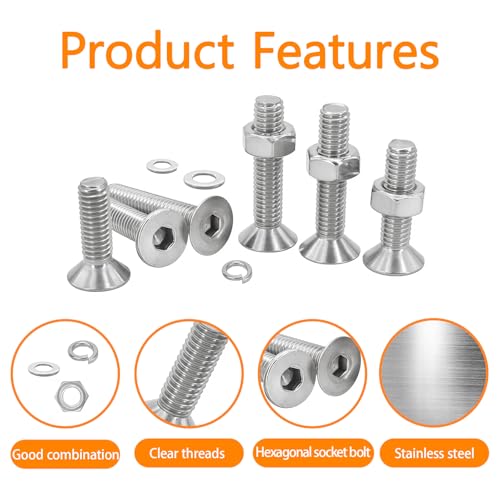1200 Pcs Countersunk Head Hexagon Socket Screws Bolts and Nuts and Washers Assortment Kit, M3 Metric Stainless Steel Bolts and Machine Screws and Nuts and Washers Set for Home Industrial - size: M3x6/8/10/12/14/20/25/30-1200Pcs