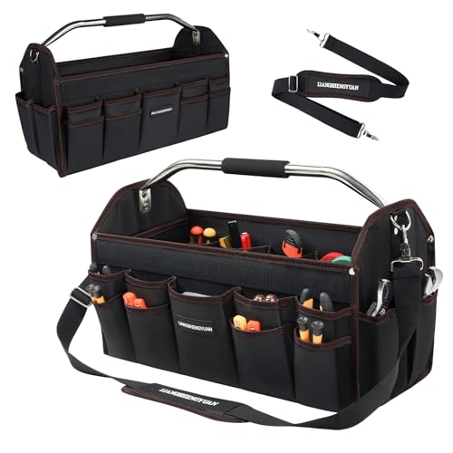 20 In Tool Carrier, Open Top Tool Tote 30 Pockets, Waterproof Tool Bag For Men, Foldable Wide Mouth Electricians Tool Bag, With Stainless Steel Handle and Removable Shoulder Strap - size: 20IN