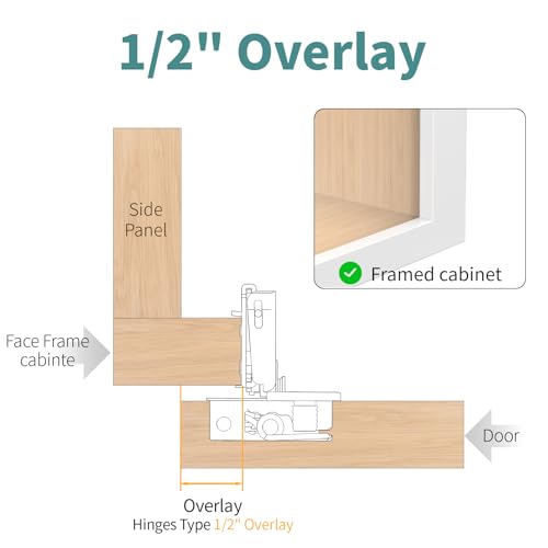 10 Pack 1/2" Overlay 3D Soft Close Hinges for Face Frame Kitchen Cabinet Door Hinges, 3 Way Adjust, Self Closing Concealed Cabinet Hinges-105 Degree