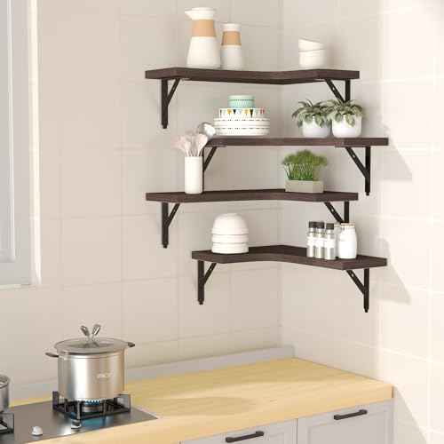 ROMGUAR CRAFT Corner Floating Shelves Wall Mounted Set of 4, Brown - color: Brown