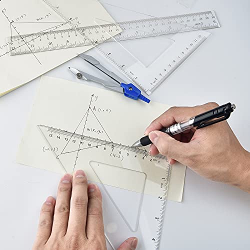Coopay 12 Inch Math Geometry Tool Plastic Ruler Square Set Includes Straight Ruler, Triangles, Protractor, Compass, Pencil Lead, Pencil Sharpener for Student School Home Office Supplies - size: Math Geometry Tool