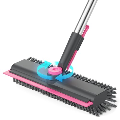 3 in 1 Floor Scrub Brush with Long Handle, Deck Brush with Squeegee - color: Pink and Grey