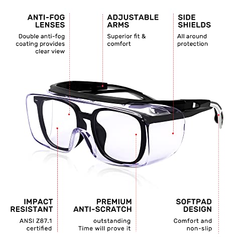MORK&SUKY Safety Glasses Fit Over Prescription Eyeglasses, ANSI Z87 Certified,Anti-Fog Eye Protection for Men and Women. - color: Black/Gray（5pack）