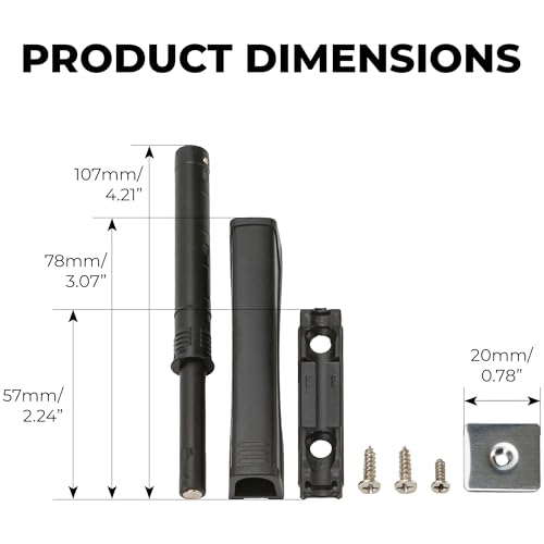Black Push-to-Open Style Touch Latch — Screw-Mount for Self-Closing Hinges, Cabinet Doors, Soft Close Magnetic Latches, On Cabinets Hardware (Replace for Blum Tip Systems)