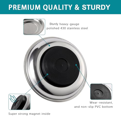 6 Pieces 4.2” Round Magnetic Bowl Trays Set Stainless Steel Magnet Tool Tray Parts Holder for Screws, Sockets, Bolts, Pins, Mechanic's and Automotive - size: 6 Pieces 4.2" Bowl