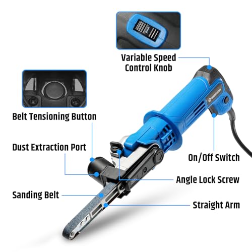Variable Speed Detailing File Sander with 1/2" X 18" Belt, 2.3AMP, 1000-1800 ft/min 6 Speed, 0-60° Adjustable, Tool-Free Belt Change, Lightweight, for Wood, Mental, Plastic