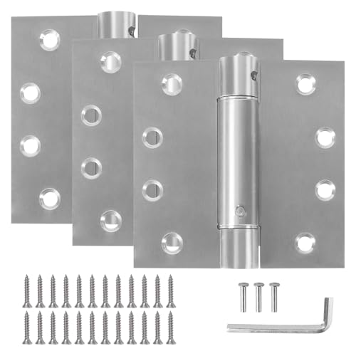 3 Pack Self Closing Door Hinges, 4 Inch Spring Loaded Hinges Adjustable Tension Spring Hinges with Square Corners, Heavy-Duty Door Hardware for Commercial and Residential Doors, Brushed Nickel